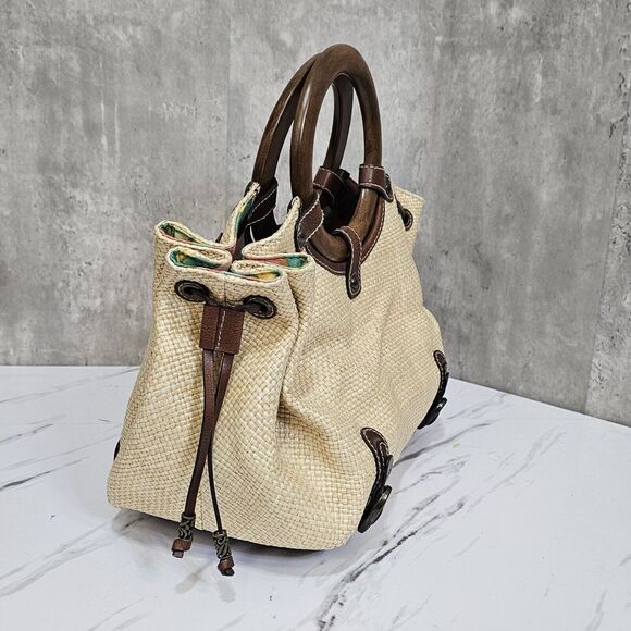 Fossil Waxed‎ Raffia Straw Woven Wooden Circle Handle Luau Summer Tiki Crossbody - Picture 3 of 7